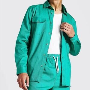 NWT Boohoo Overshirt Mens M Tall Long Sleeve Twill Stripe Button Front Casual